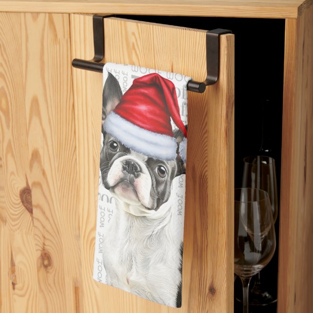 Linge De Cuisine Un chien de Boston Terrier dans un chapeau de Noël (Pliage en tiers)