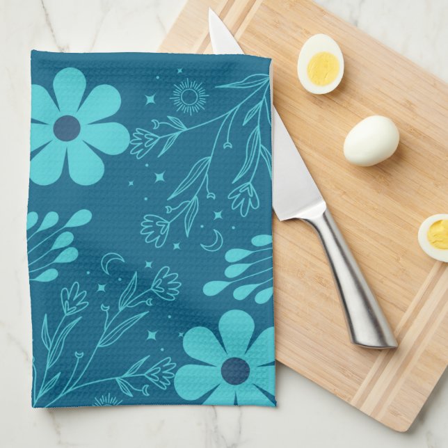 Linge De Cuisine Une conception de fleurs de couleur cyan tendance (Quart Plié)