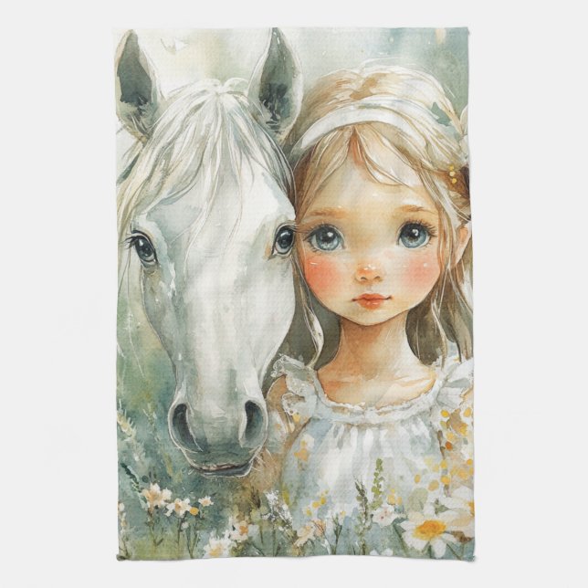 Linge De Cuisine Une petite fille avec un cheval (Vertical)