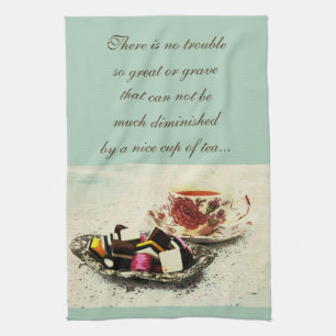Linge De Cuisine Une tasse de thé et bonbons avec la citation