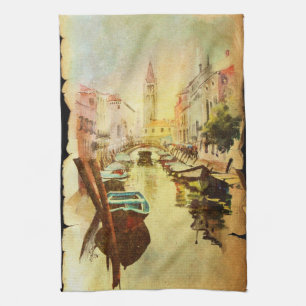 Linge De Cuisine Une vue du canal avec des bateaux et des bâtiment