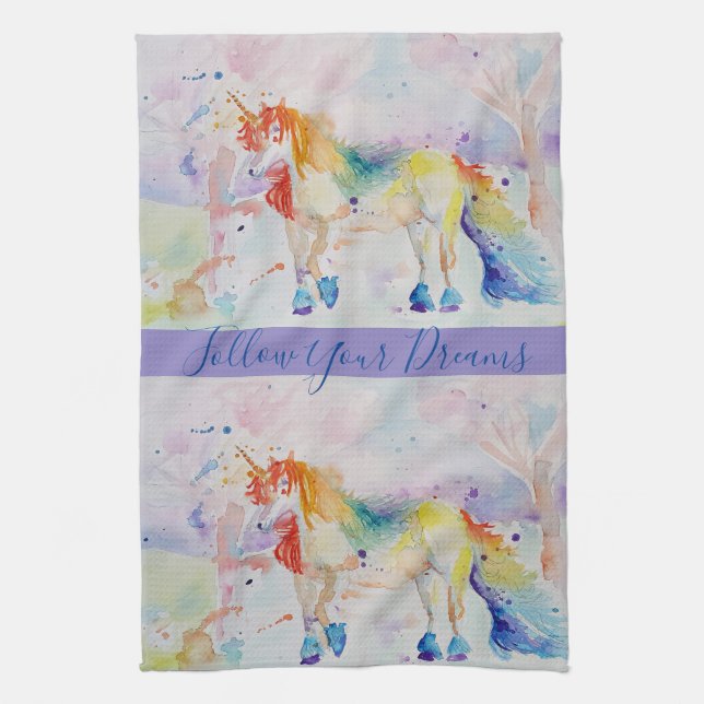 Linge De Cuisine Unicorn Aquarelle Peinture Dreams Tea Towel (Vertical)