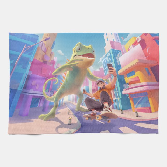 Linge De Cuisine Urban Glide : Skateur Caméléon Géant Selfie (Horizontal)