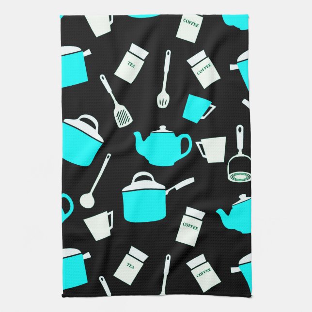 Linge De Cuisine Ustensiles de cuisine | Noir Blanc & Turquoise (Vertical)
