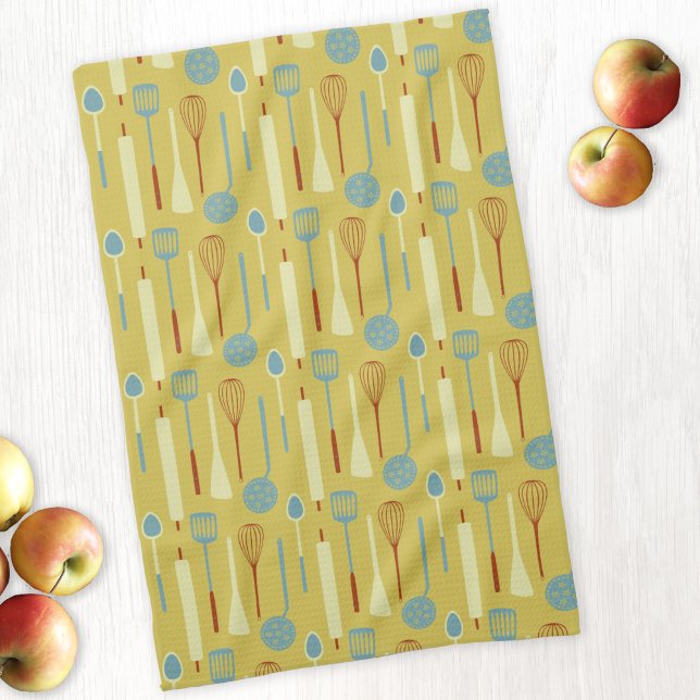 Linge De Cuisine Ustensiles de cuisine rétro (Retro kitchen utensils yellow kitchen tea towel)
