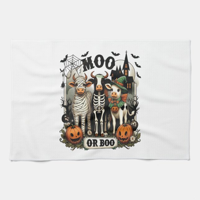 Linge De Cuisine Vache de Halloween Moo ou Boo (Horizontal)