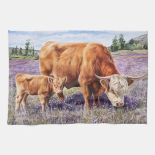 Linge De Cuisine Vache des Highlands et Veau Fleurs Sauvages Violet