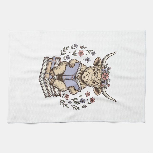 Linge De Cuisine Vache Florale de Lecture Mignonne Pile de Livres D (Horizontal)