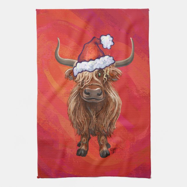 Linge De Cuisine Vache Highland à Santa Hat sur Red (Vertical)