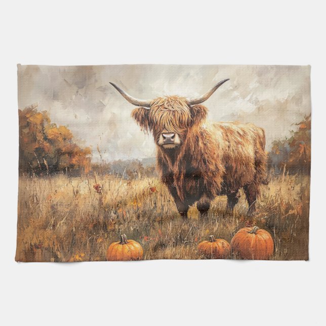 Linge De Cuisine Vache Highland avec Citrouilles (Horizontal)