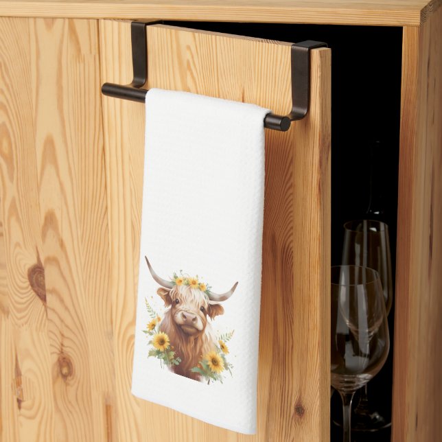 Linge De Cuisine Vache Highland avec Couronne de fleurs de tourneso (Pliage en tiers)