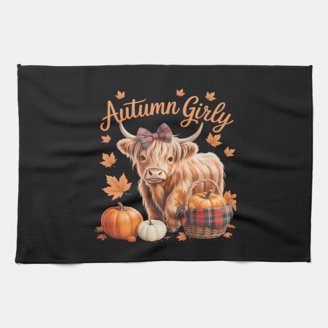 Linge De Cuisine Vache Highland Chute Automne Fille Thanksgiving C (Horizontal)