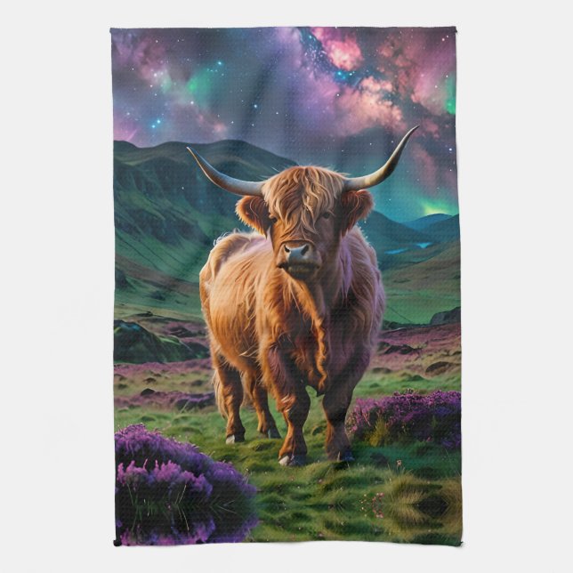 Linge De Cuisine Vache Highland sous les étoiles (Vertical)