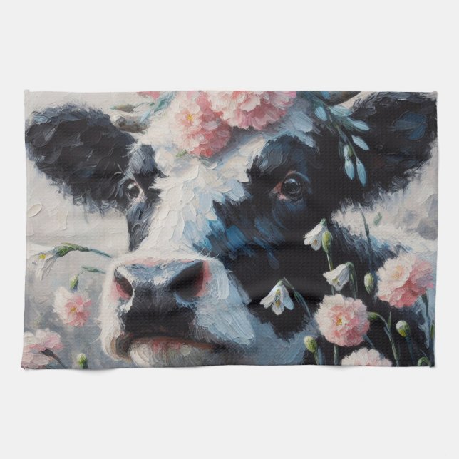 Linge De Cuisine Vache Holstein en peinture oeillets roses (Horizontal)