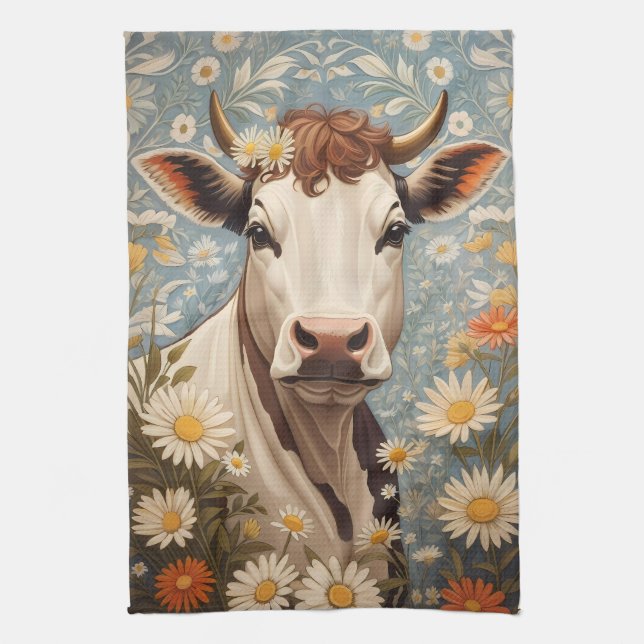 Linge De Cuisine Vache Mignonne Aux Fleurs Faisées (Vertical)