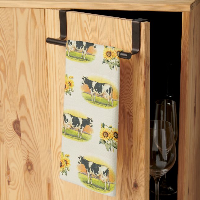 Linge De Cuisine Vaches et tournesols sur texture de lin plié (Pliage en tiers)