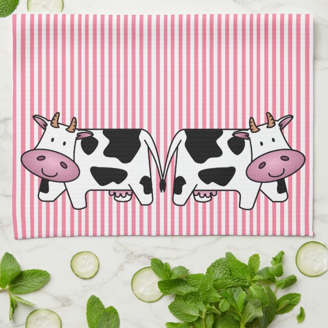 Linge De Cuisine Vaches mignonnes sur bandes roses (Plié)
