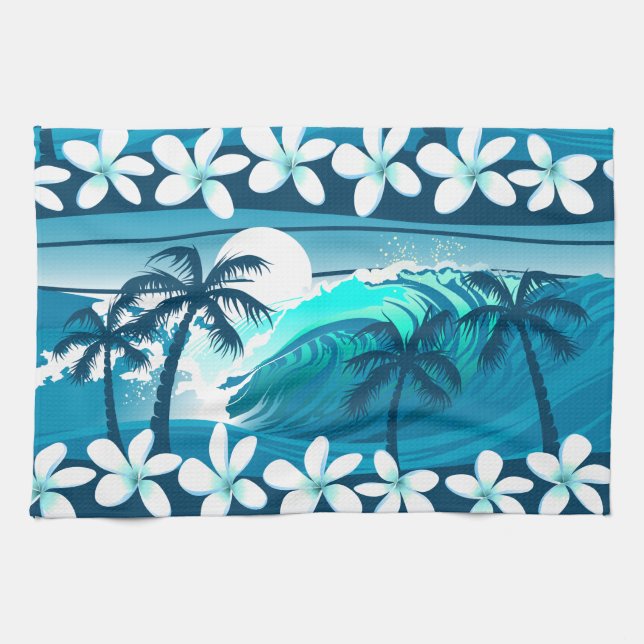 Linge De Cuisine vague de surf tropicale avec palmiers (Horizontal)