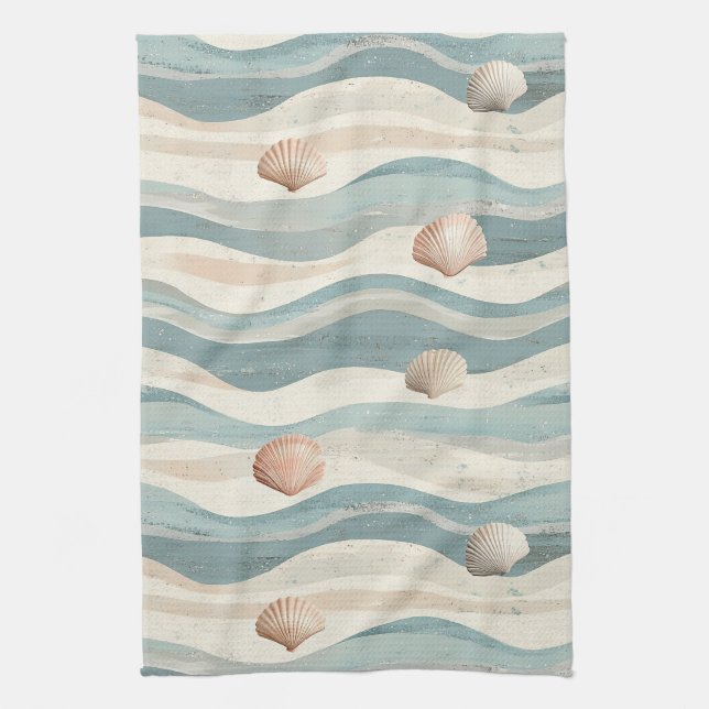 Linge De Cuisine Vagues de coquillages de plage Boho (Vertical)