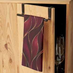 Linge De Cuisine Vagues de marbre rouge burgundy élégantes avec acc