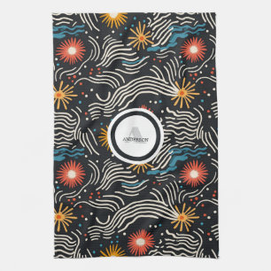 Linge De Cuisine Vagues florales Abstraites sur noir