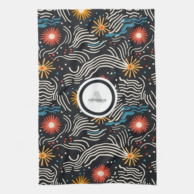 Linge De Cuisine Vagues florales Abstraites sur noir (Vertical)