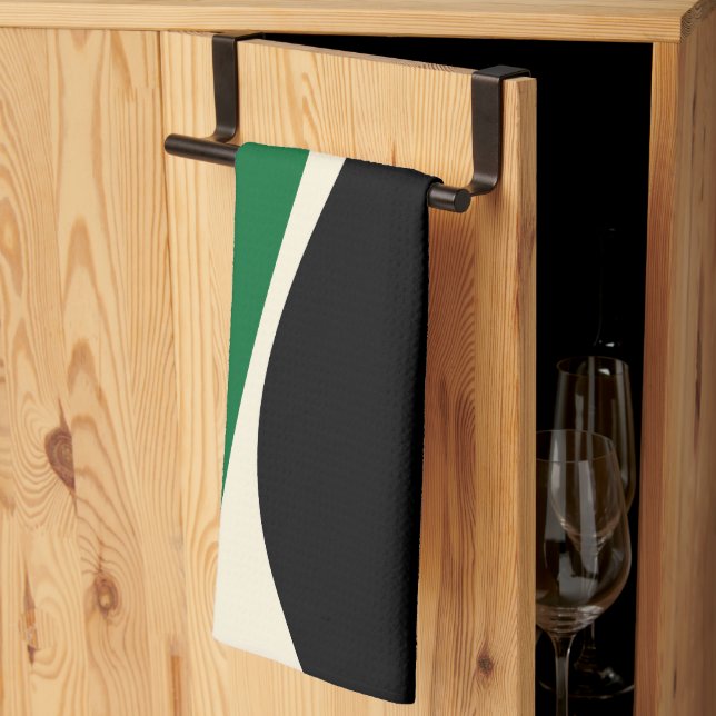 Linge De Cuisine Vagues simples 2 en vert, crème et noir (Pliage en tiers)