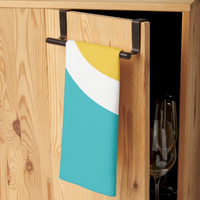 Linge De Cuisine Vagues simples 3 - Turquoise et Jaune (Pliage en tiers)