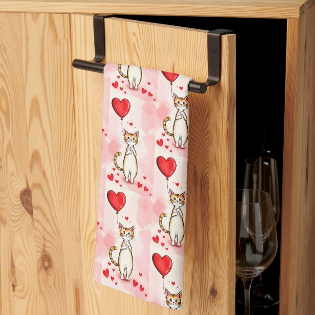 Linge De Cuisine Valentine' s Kitchen Hand Towel Cat Red Heart (Pliage en tiers)