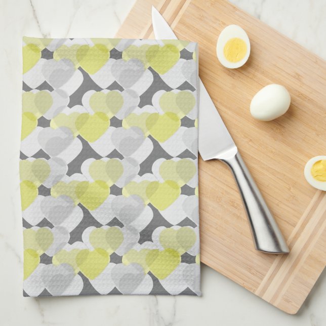 Linge De Cuisine Valentine's Hearts Overlay Jaune et gris Motif (Quart Plié)