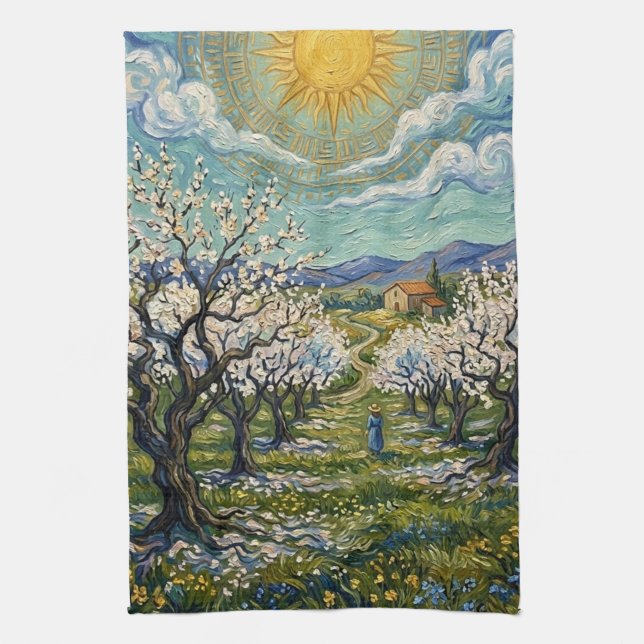 Linge De Cuisine Van Gogh Style Almond Orchard Sunlit Blossom  (Vertical)
