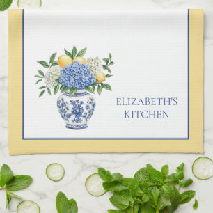 Linge De Cuisine Vase Chinoiserie Bleu et Blanc avec hydrangées