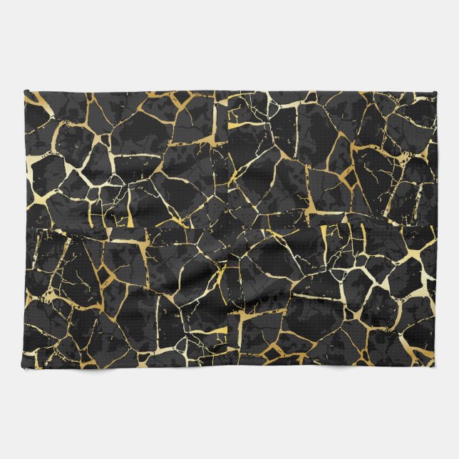 Linge De Cuisine Veine d'or Kintsugi noir (Horizontal)