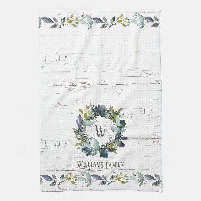 Linge De Cuisine Verdure rustique Aquarelle Laurel Wreath Monogramm (Vertical)