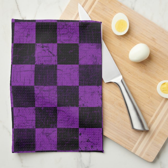 Linge De Cuisine Vérifications rustiques, violet et noir (Quart Plié)