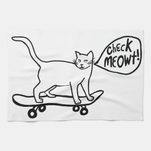 Linge De Cuisine Vérifier Meowt Punny Skateboard Chat noir blanc