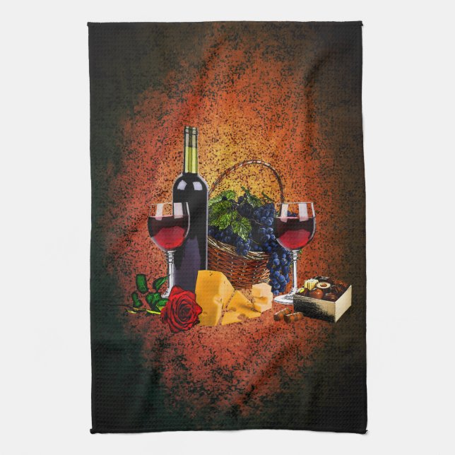 Linge De Cuisine Verres de vin, bouteille, raisins, fromage, (Vertical)