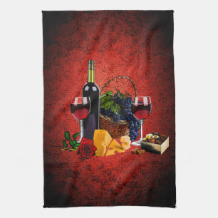 Linge De Cuisine Verres de vin, bouteille, raisins, fromage,