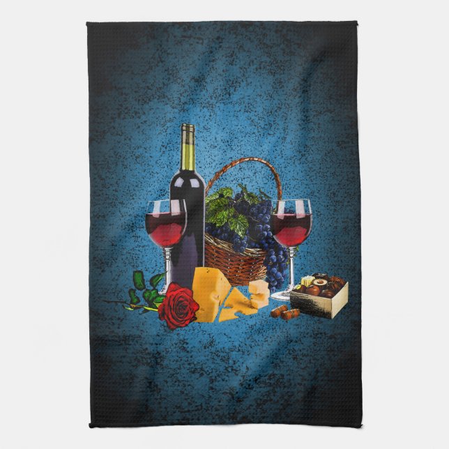 Linge De Cuisine Verres de vin, bouteille, raisins, fromage, (Vertical)