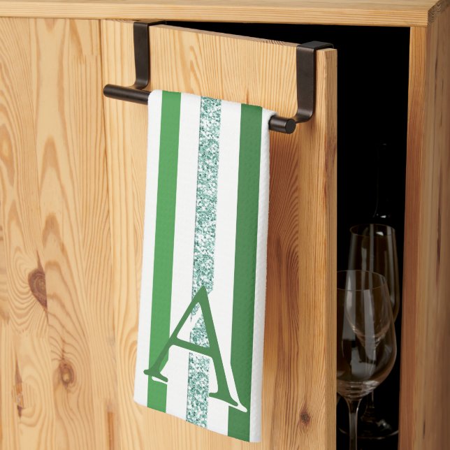Linge De Cuisine Vert Argent Pailleté Rayé Initiales Moderne Tendan (Pliage en tiers)