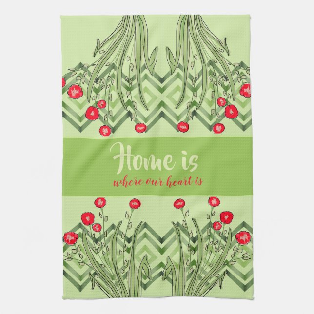 Linge De Cuisine Vert avec floral rouge (Vertical)