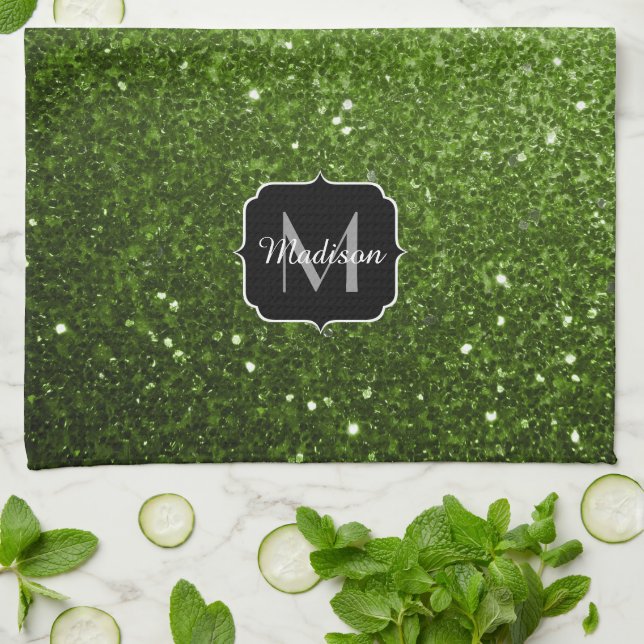 Linge De Cuisine Vert clair verdure paillettes scintille Monogramme (Plié)