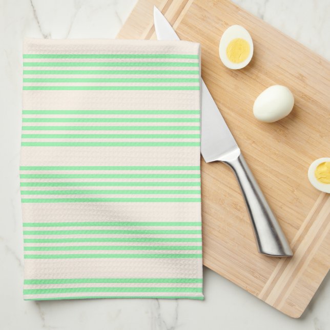Linge De Cuisine Vert et beige cinq rayures motif (Quart Plié)