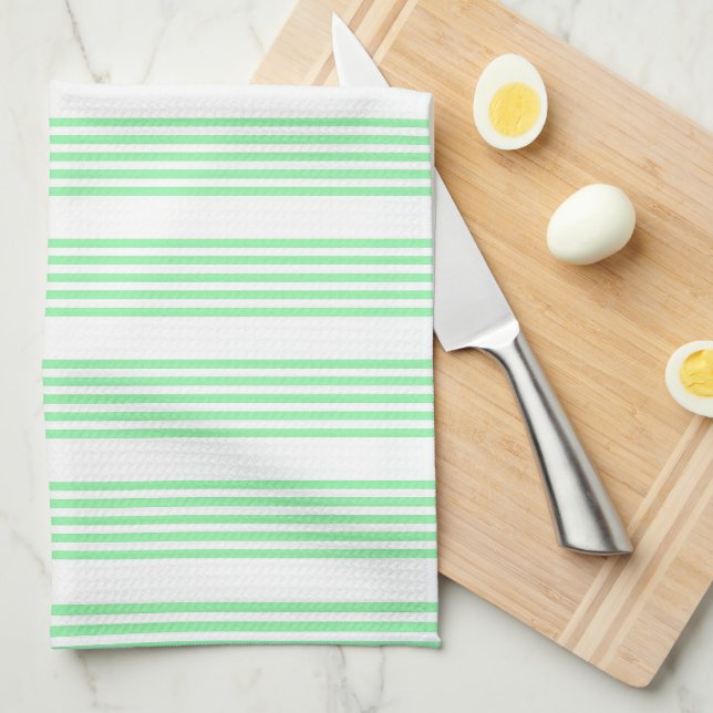 Linge De Cuisine Vert et blanc cinq bandes motif (Quart Plié)