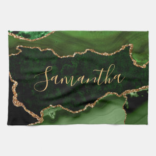 Linge De Cuisine Vert et Faux Or Paillettes Marbre Agate
