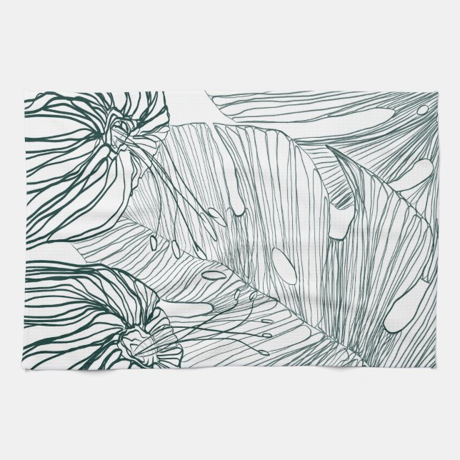 Linge De Cuisine vert foncé & turquoise monstère feuilles & lys con (Horizontal)