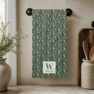 Linge De Cuisine Vert forêt et monogramme de nom Noël beige