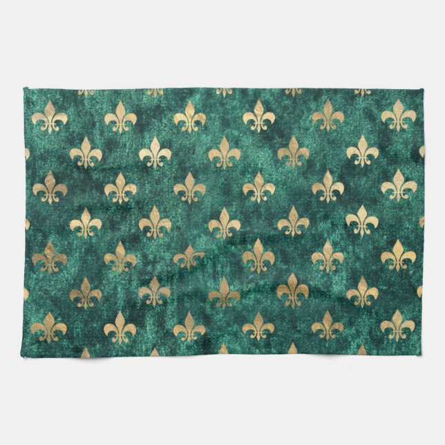 Linge De Cuisine Vert Grunge Velours Fleur De Lis Mardi Gras (Horizontal)