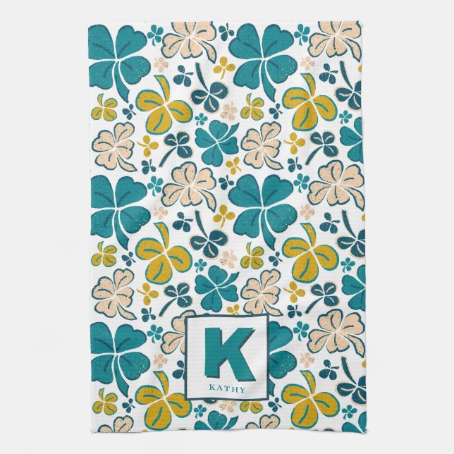 Linge De Cuisine Vert Lucky Shamrock Motif de trèfle Monogramme (Vertical)