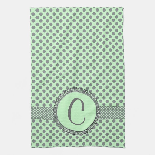 Linge De Cuisine Vert menthe avec Pois gris-Monogramme STaylor (Vertical)
